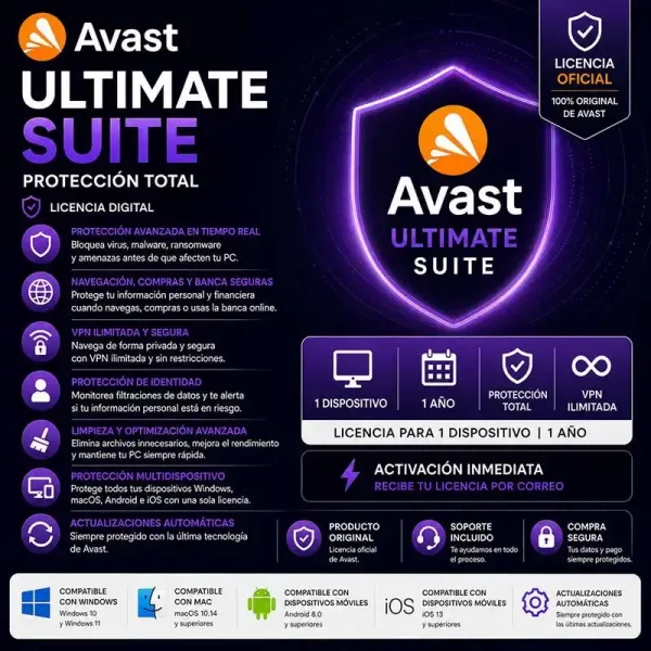 Avast Ultimate Suite 1 Año 1 PC – Protección Total + VPN + Optimización | Licencia Original