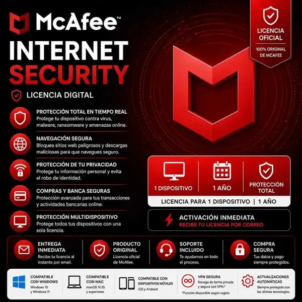 McAfee Internet Security 1 Año 1 PC – Protección Completa Antivirus + Seguridad Online