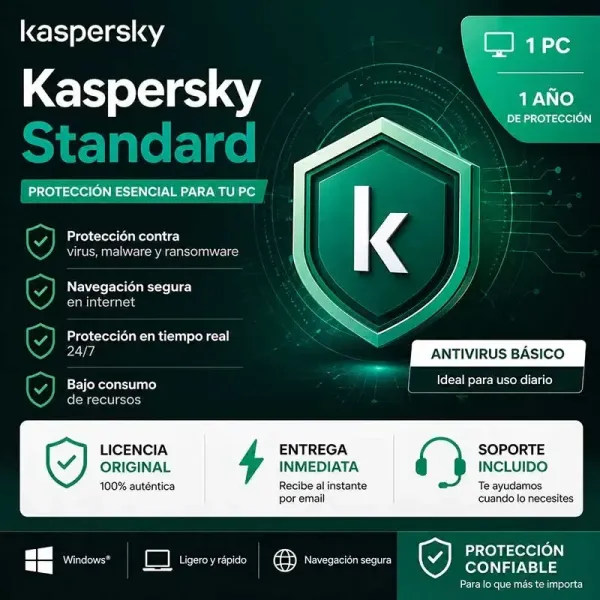 🛡️ Kaspersky Standard 1 Año – Antivirus Básico Completo para tu PC | Licencia Original