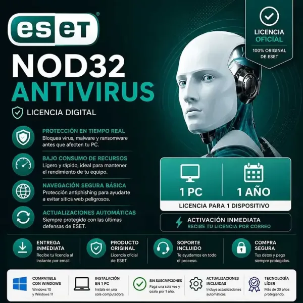 ESET NOD32 Antivirus 1 Año 1 PC – Protección Esencial Rápida y Ligera | Licencia Original
