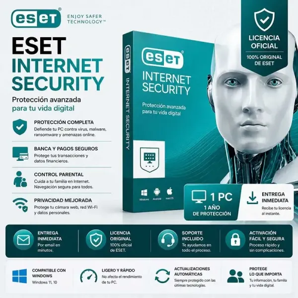 ESET Internet Security 1 Año 1 PC – Antivirus + Firewall + Protección Bancaria | Licencia Original