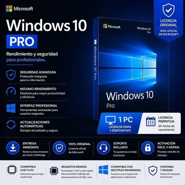 Windows 10 Pro 1 PC – Licencia Original | Activación Inmediata